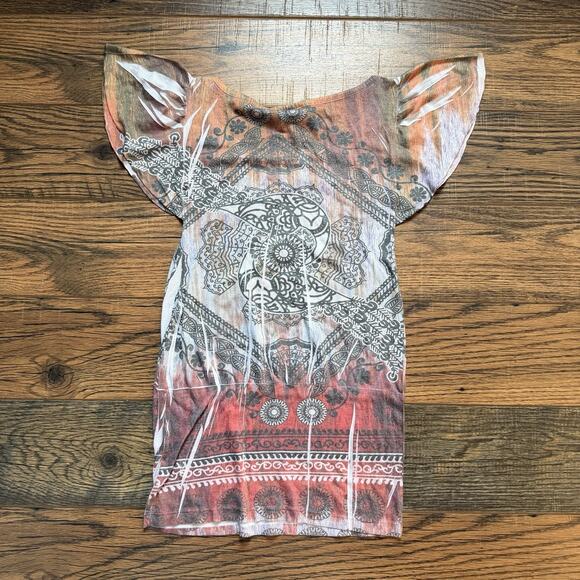 Wet Seal Y2K Boho Print Flutter Sleeve Tunic Top Burnout Sheer Retro Sz Small - Picture 2 of 7